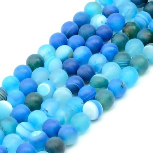 Round Dull Polish Matte Blue Stripe Agates Natural Stone Beads For Jewelry Making Bracelet Necklace 4 6 8 10 12mm 15" Wholesale