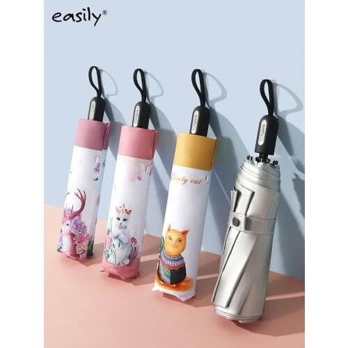 Easily Cats 3 Folding Silver Umbrella Titanium Silver Outdoor Sun Protection and Uv Protection Umbrella Women Girls Gift
