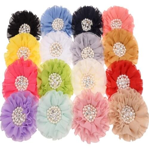 5pcs Chiffon Hair Flower Hair Accessories Chic Headwear Rhinestone Pearl Cluster Flowers No Hairclip for Hairband Headband