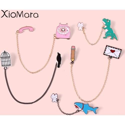 Chain Metal Enamel Pins Handwritten Love Letter Fish Birdcage Telephone Brooches Brooch Badge Magnet For Kids Couple Jewelry
