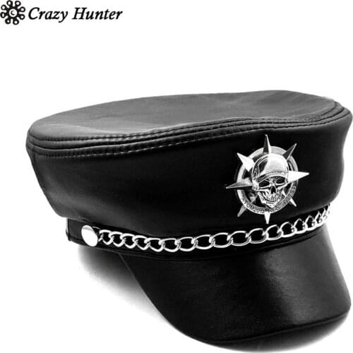 Mens Biker Motorcycle Leather Hat Rock Punk Skull Cap
