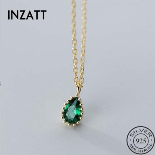 INZATT Real 925 Sterling Silver Green Crystal Pendant Choker Necklace For Fashion Women Party Hip hop Geometric Fine Jewelry