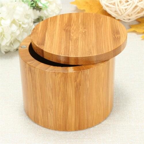 Portable Natural Bamboo Wood Round Salt Spice Jar Box with Kitchen Storage Box Magnet Lid Container Decoration