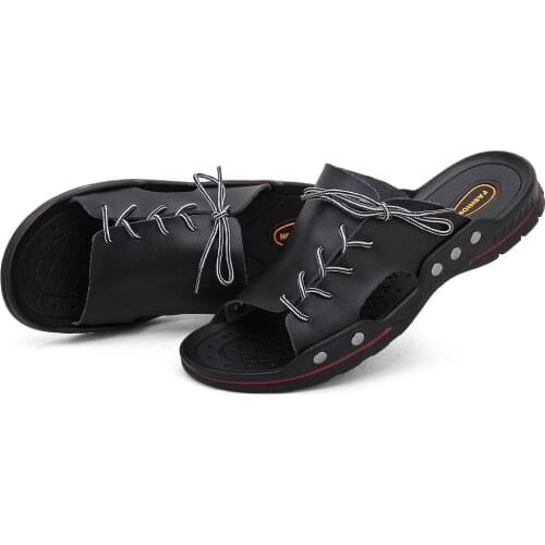 Casual Men Slippers Summer Outside Shoes handiness Flip Insole Genuine Leather Soft Comfy Beach Sandals 2021 New Big Size 38-48