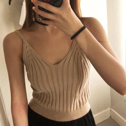GGRIGHT Sexy Sleeveless Knit V Neck Crop Cami Tops Autumn Style 2019 Vogue Plain Women Sexy Spaghetti Strap Camisole Tank Shirt