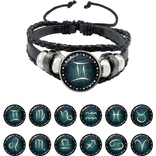 Libra/Scorpio/Sagittarius/Capricorn/Aquarius/Pisces 12 Constellations Black Wrist Charm Leather Snap Bracelet Jewelry Gift