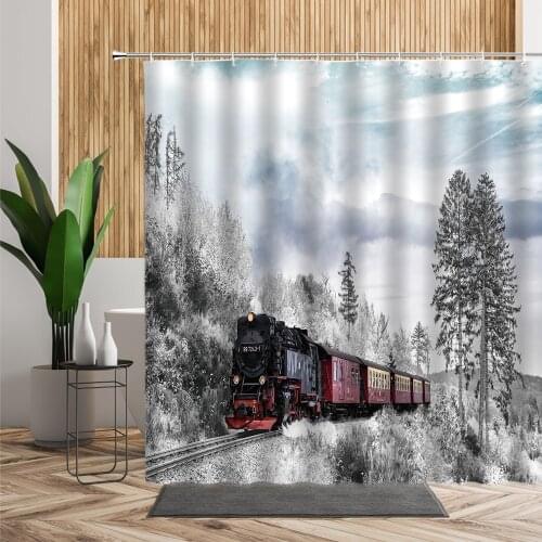 Winter Forest Train Snow View Bathroom Decoration Shower Curtain 3D Trees Landscape Bathtub Screen Waterproof Bath Curtains Set