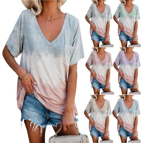 2021 New Summer Women dyeing gradient T Shirt Loose Casual Short Sleeve Round Neck Printing Shirts Fashion Pullover Tops
