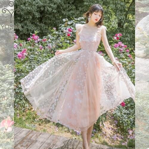 YOSIMI Pink Long Dress 2020 Summer Sleeveless Slash Neck Fit and Flare 3D Dot Floral Embroidery Midi Women Party Dress Elegant