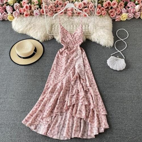Womens Spring Summer Runway Fashion Sleeveless Flower Print Slip Chiffon Dress Female High Waist ChicTravel Beach Dress TB1972