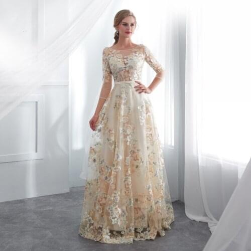 2021 Floral Prom Dresses Three Quarter A-line Appliques Lace Belt Empire Waist Long Evening Gowns Vestido De Formatura 029