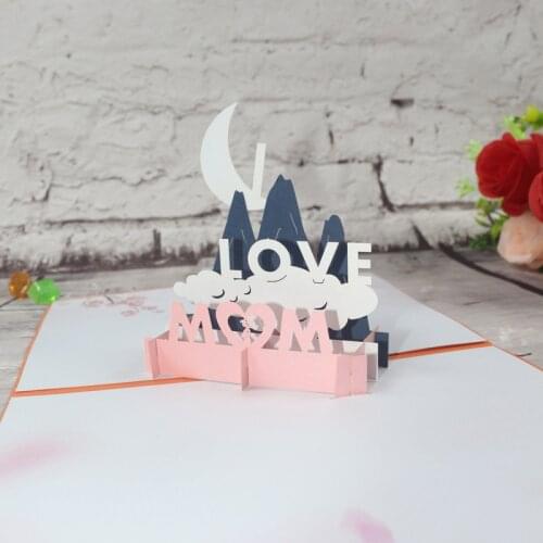 3D Handmade Mountain Bright Moon I LOVE MOM Paper Greeting Cards PostCard Thanksgiving Mothers Day Grandma Gift