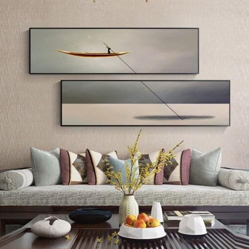 Abstract Lonely Boat Canvas Paintings Nordic River Posters and Prints Nostalgic Wall Art for Living Room Bedroom Japanese Style