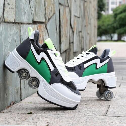 Deform Roller Skates Shoes Double Row Double-Wheel Running Shoes Automatic Four-Wheel Dual-Purpose Skateboard Shoes