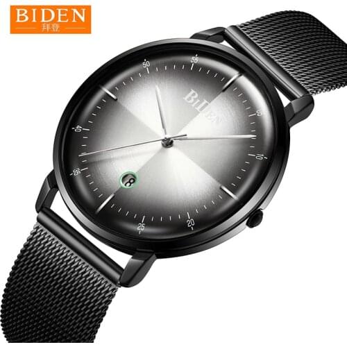 BIDEN Mens Watches Ultra-thin Fashion Creative Men Quartz Watch Steel Mesh Band Sports Waterproof Wristwatch For Male Clocks