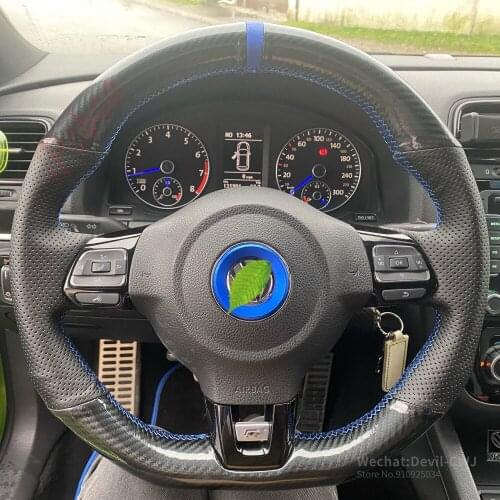 Carbon Fiber & Leather Blue Stitching Steering Wheel Cover Hand Sewing Wrap Cover Fit For Volkswagen Golf 6 GTI MK6 Scirocco R