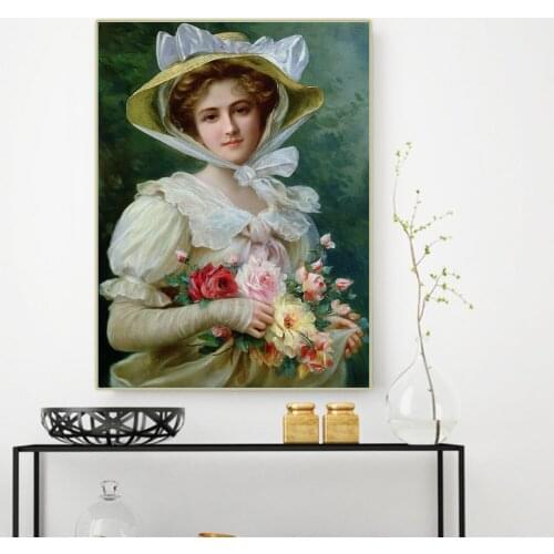 Citon Emile Vernon《Elegant lady with a bouquet of roses》Canvas Oil painting Art Poster Picture Modern Wall Decor Home Decoration