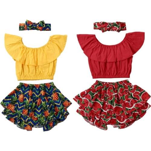3Pcs Sets New Baby Summer Clothes Infant Newborn Baby Girl Off Shoulder Crop Tops Ruffled Watermelon Pineapple Shorts Headband