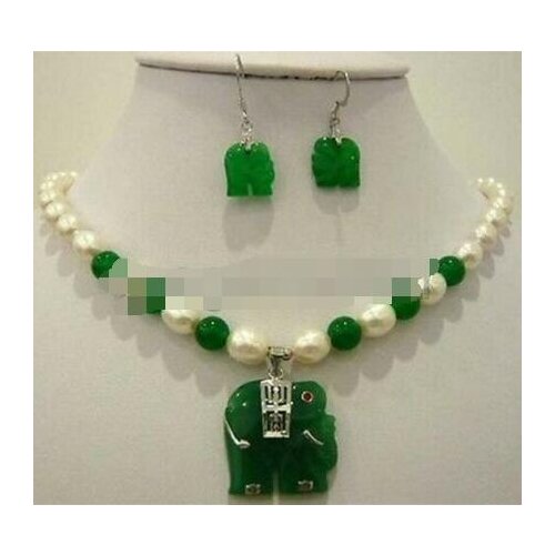 Natural White Akoya Pearl & Red jade Elephant pendant necklace earrings Set