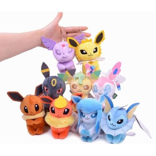 New 9Pcs Sylveon Eev Umbreon Vaporeon Flareon Jolteon Espeon Leafeon Glaceon Sitting 4" 10CM Plush Doll Keychain Pendant