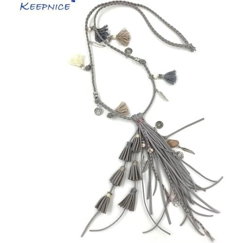 New Fahion Bohemia Maxi Jewelry Leather Tassel Pendents Unique Boho Long Necklaces Leather Woven Chain Necklace For Women