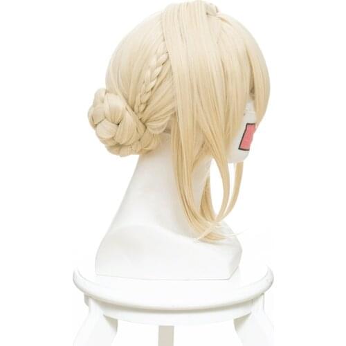 Violet Evergarden Ponytail Braid Buns Blonde Heat Resistant Hair Peluca Anime Cosplay Costume Wig + Wig Cap