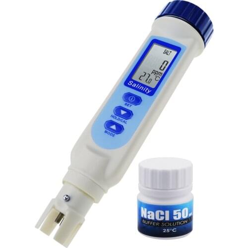 Pen Type Salinity & Temperature Meter ATC Calibration Solution Set ppm / ppt / % / S.G. 4 Units Salt NaCl Water Quality Tester
