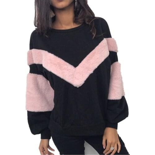 Plush Patchwork Sweatshirts Womens Long Sleeve Hoodies O Neck Pullover Tops Hoodie Oversized Jumper Pullover Top