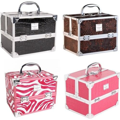 Portable Aluminum Alloy PU Leather Cosmetic Makeup Vanity Storage Box Case Organizer with 5 Pull-out Trays for Women Girls