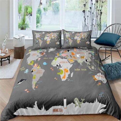 Luxury 3D World Map Print Kids Bedding Set Comfortable Duvet Cover Pillowcase Home Textile Single Queen and King EU/US/AU Size