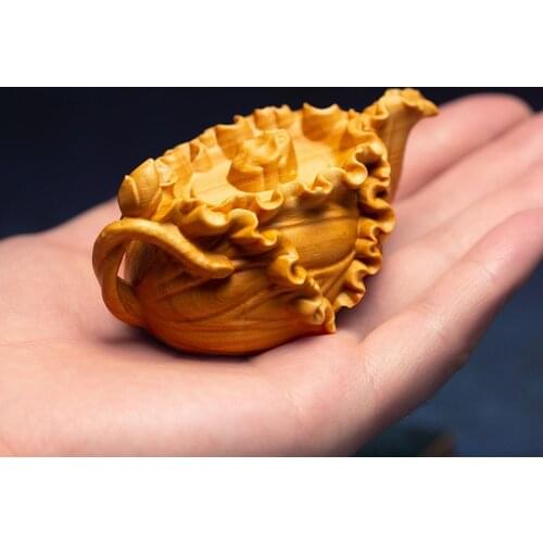 Boxwood 7cm Lotus Leaf Tea Pot Sculpture Wood Carving Vegetable Statue Lucky Home Decor