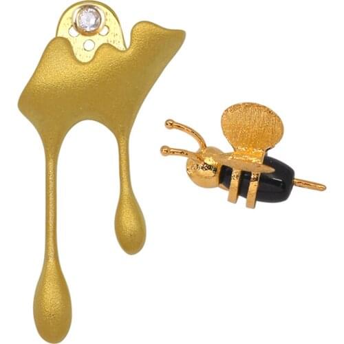 634D Bee And Honey Drops Asymmetrical Stud Earrings For Women 925 Silver Jewelry Gift