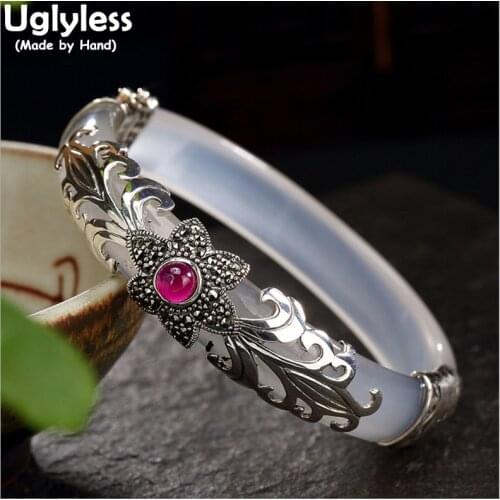 Uglyless Real 925 Sterling Silver Flower Agate Bangles for Women Ruby Bangles Thai Silver Fine Jewelry Jade Bracelets Chalcedony