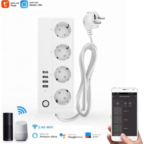 EU 16A WIFI Power Strip/Outlet,4 Outlets with 4 USB Charging Ports,Timer,Overload Protect,Alexa Google Assistant,Tuya Smart life