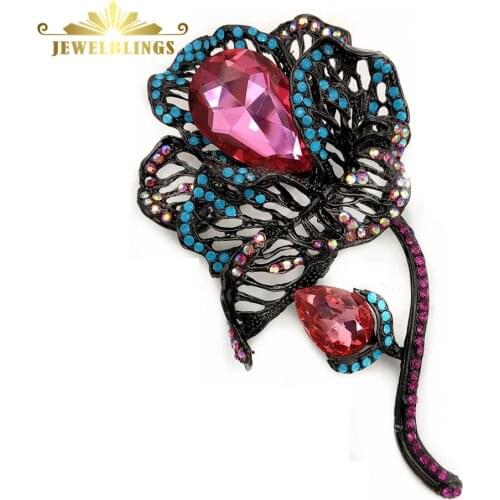 Vintage Large Pink Teardrop Stone Deco Black Filigree Rose Brooches Long Stem AB Crystal and Teal Blue Deco Statement Rose Pins