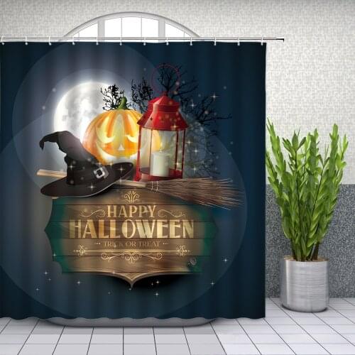Halloween Shower Curtains Pumpkin Lantern Night Wizard Hat Broom Moon Stars Holiday Themed Bathroom Decor Polyester Curtain Set