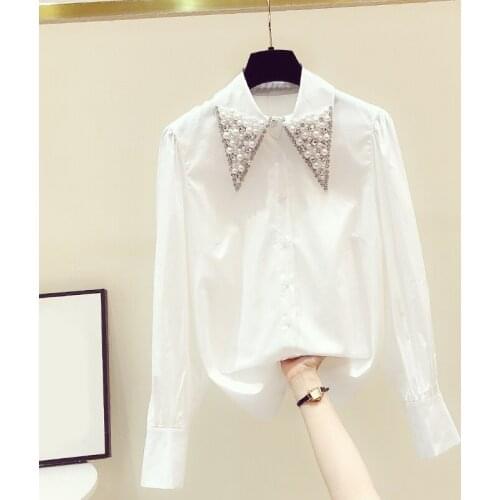 Beaded White Women Shirts Loose Solid Elegant Office Lady Outwear Tops