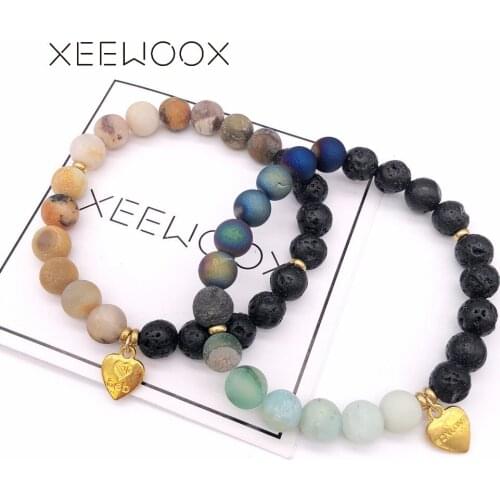 Lovely Gold Heart 2019 Lava Stone Women Man Natural Stone Round Beads Bracelet Bohemia Essential Oils Diffuser Bracelet Yoga