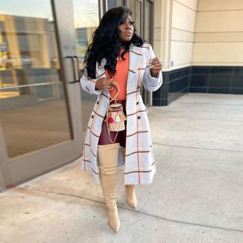 Autumn Winter Womens Maxi Wool & Blends Elegant Plaid Print Long Sleeve Pocket Jacket Vintage Double Breasted Backless Coats