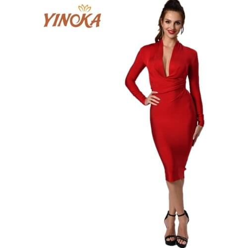 Yinoka long sleeve bandage deep v neck sexy bodycon dress elegant women lady red white blue black evening dinner night cocktail