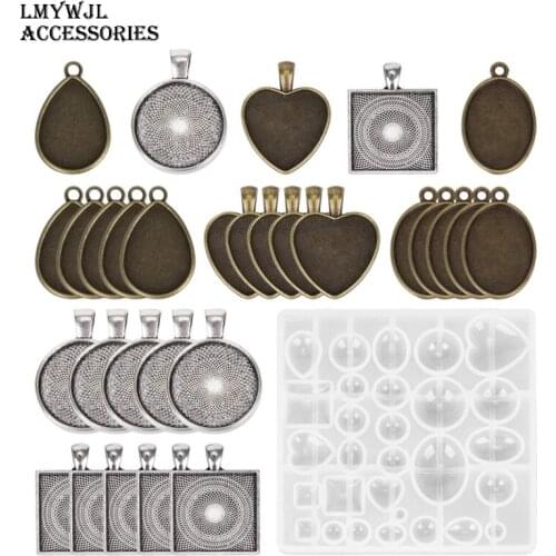 31pcs/set Time Jewelry Epoxy Mold Combination Set Round Square Love Heart Oval Alloy Base Necklace Pendant Making Material
