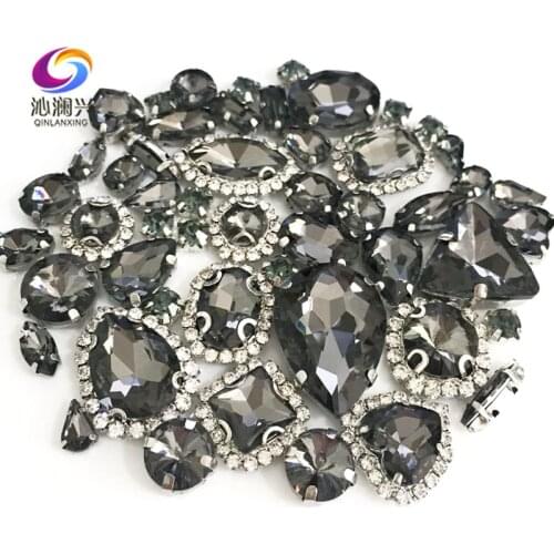 50pcs/bag Gray color Mix shape Crystal buckle+claw rhinestone,Silver base galss sew on stones diy/Clothing accessories MIXSK03