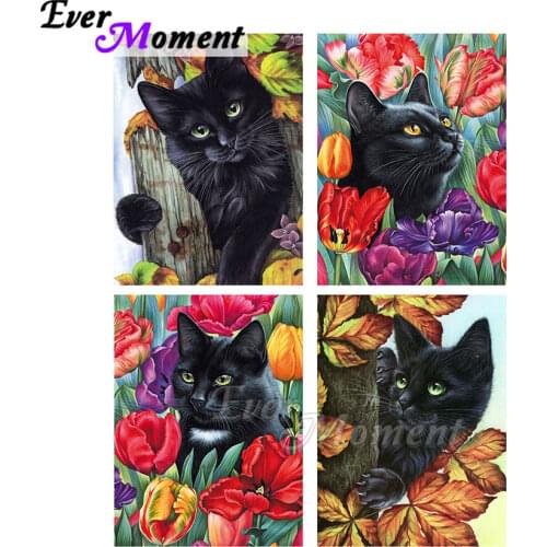 Ever Moment Diamond Painting Black Cat With Floral Leaves Full Square Resin Drill Wall Decoration Handmade Kits Mosaic ASF2246