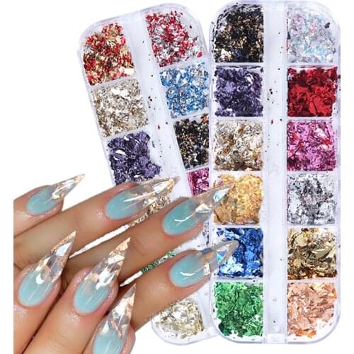 12 Color Sparkly Gold Foils Gorgeous Nails Glitter Aluminum Flakes Paillette Chip Nail Design DIY Manicures Decorations