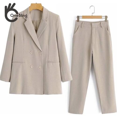 OneBling Bule Womens Blazer Jacket Long Sleeve Double Breasted Jacket Coat Office Lady Suits Female Sets Vintage Fall