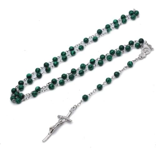 Religious Green Natural Stone Catholic Rosary Necklaces Christian Jesus Cross Pendants Necklace Prayer Jewelry Church Souvenir