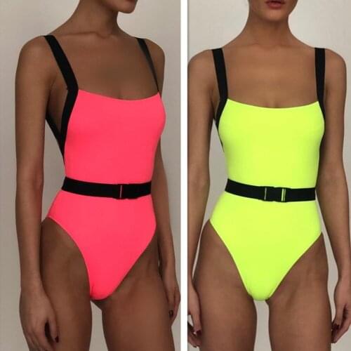 Fluorescent one-piece swimsuit waist design with belt tight bikini sexy swim wading sports diving suit swimsuit women