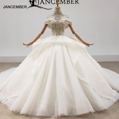 HTL1929 Ball-Gown Beaded Crystal Luxury Wedding Dress 2020 Short Sleeve V-Neck Lace Up Back Off The Shoulder