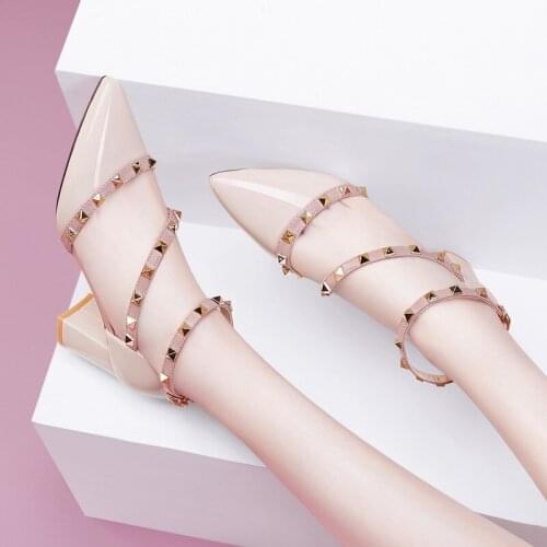 Dress high heel women thick with new wild single shoes 2020 spring womens shoes middle heel toe rivet sandals women