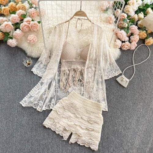 3 Piece Clothing Set Women Summer Sexy Lace Hollow Crochet Camisole Womens High Waist Shorts Three-piece Sets Vacation Style